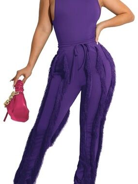 High-Waist Purple Fringe Track Joggers w/ Top